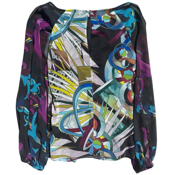 Versace Collection Women's Silk Blouse Multicolor Abstract Sheer Sleeves Size 6 - Picture 3 of 9